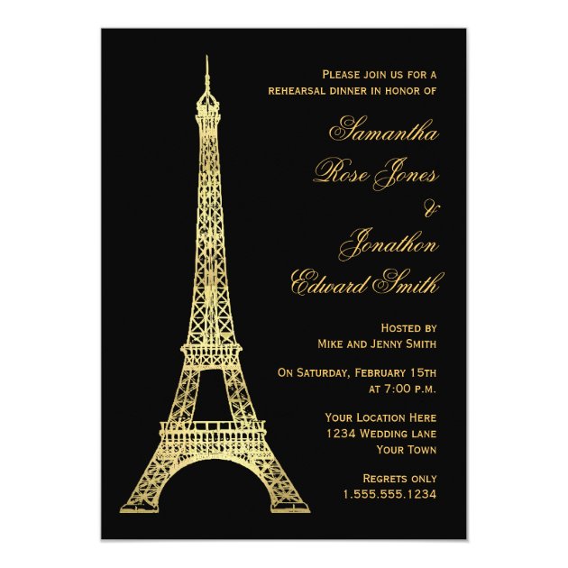 Parisian Eiffel Tower Black Gold Rehearsal Dinner Card (front side)