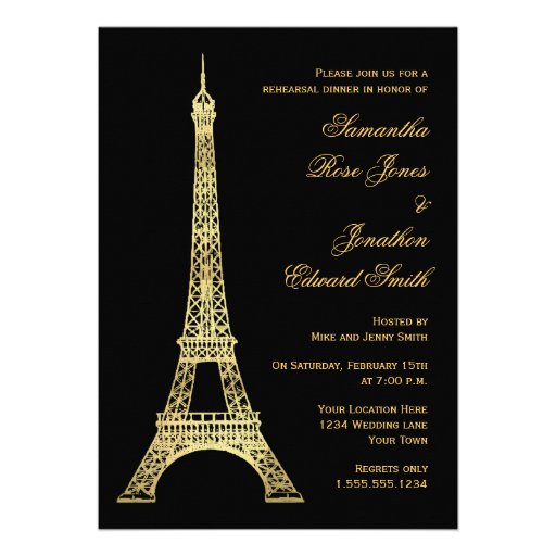 Parisian Eiffel Tower Black Gold Rehearsal Dinner Custom Invitations ...