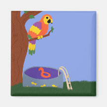 Parrot by the Pool Whimsical Cartoon Art Refrigerator Magnet