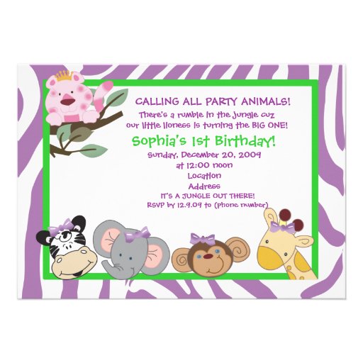 PARTY ANIMALS Baby Girl 1st Birthday Jungle 5x7 Custom Announcement
