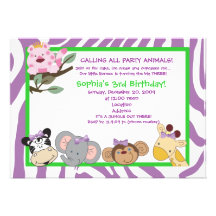 PARTY ANIMALS Zebra stripe 3RD Birthday Jungle 5x7 Personalized Invite