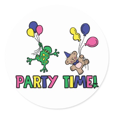 Party Balloons Round Sticker by alternateworlds. A cute cartoon frog and 