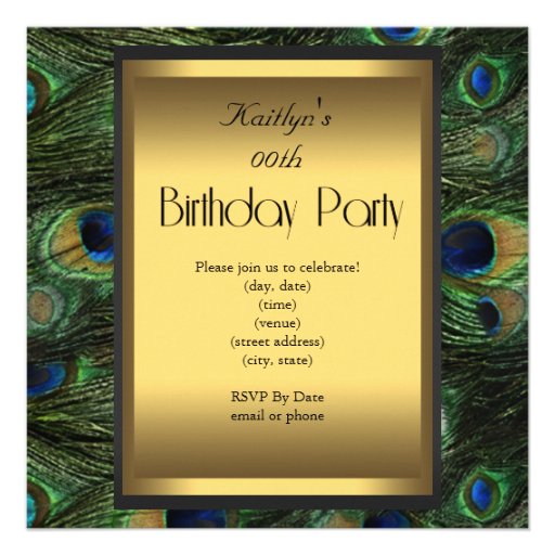 Party Birthday Peacock Green Blue Gold Invitations