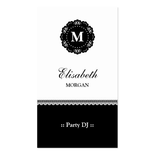 Party DJ Elegant Black Lace Monogram Business Card Templates (front side)
