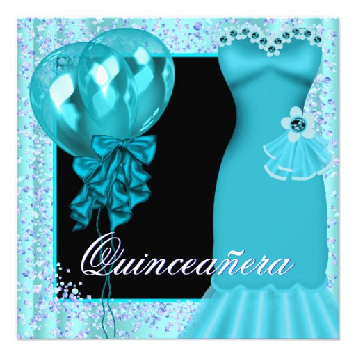 Party Dress Balloons Purple Teal Blue Quinceanera Personalized Announcement