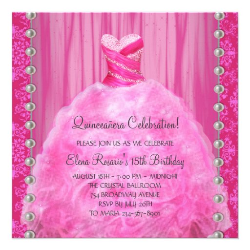 Party Dress Pearls Hot Pink Quinceanera Invitation