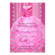 Party Dress Pearls Hot Pink Quinceanera RSVP Invitations