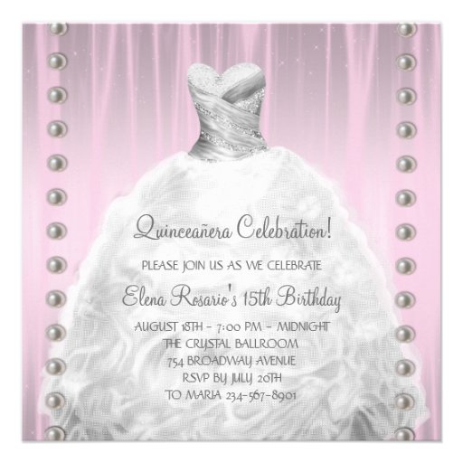 Party Dress Pearls Pink Quinceanera Announcements