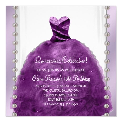 Party Dress Pearls Plum Purple Quinceanera Personalized Invite