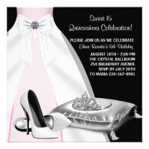 Party Dress Tiara Pink Black Quinceanera Invite