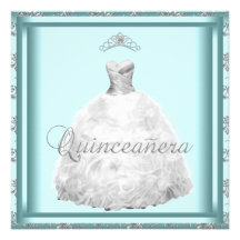 Party Dress Tiara Teal Blue White Quinceanera Invitation