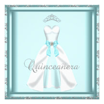 Party Dress Tiara Teal Damask Quinceanera Personalized Invitation