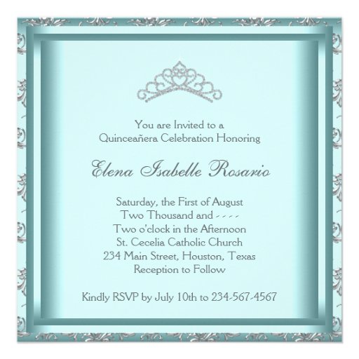 Party Dress Tiara Teal Damask Quinceanera Personalized Invitation