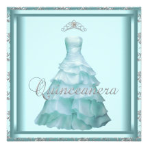 Party Dress Tiara Teal Damask Quinceanera Custom Invitations