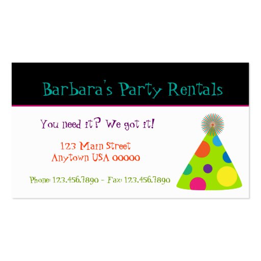 Party Hats Party Planner Business Card (front side)
