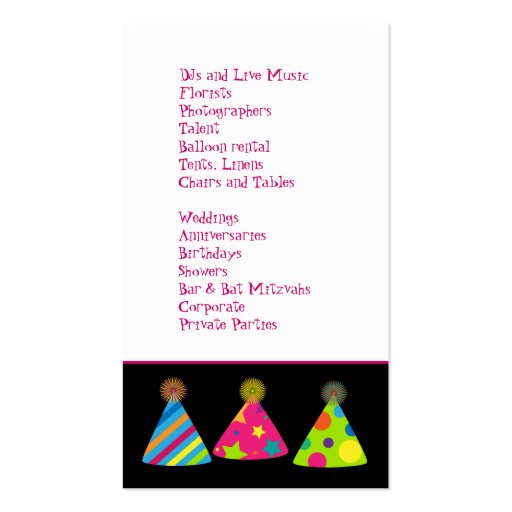 Party Hats Party Planner Business Card (back side)