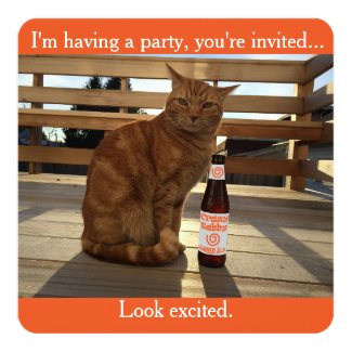 Party invitation featuring an orange cat