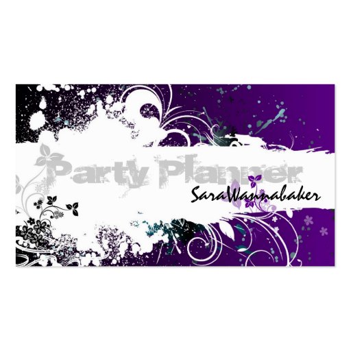 Party Planner Business Card Grunge Splatter Purple (front side)
