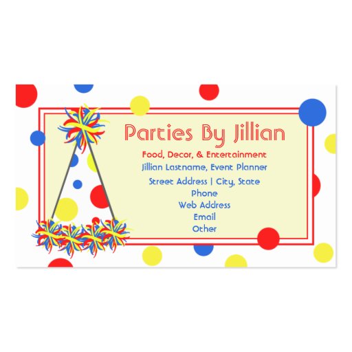 Party Planner Red Yellow Blue Polka Dot Party Hat Business Card