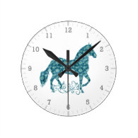 Paso Fino HorseTeal Grunge Floral Round Wall Clocks