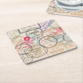 Passport Stamps Travel Square Paper Coaster