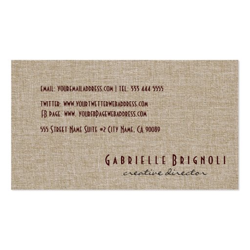 Pastel Beige Natural Linen Burlap Fabric Look Business Card Template (back side)