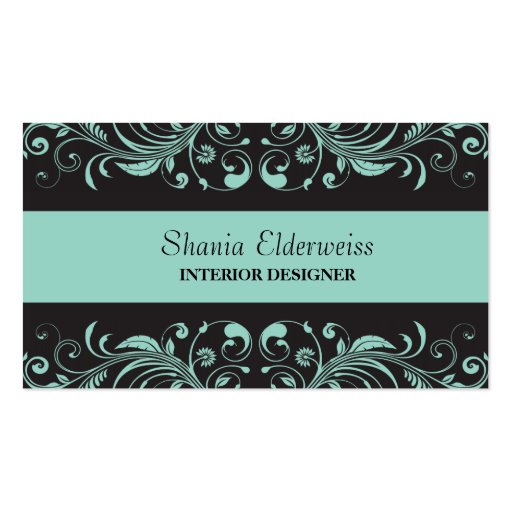 Pastel Blue & Black Damask Business Card (front side)