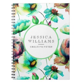 Pastel Blue & Green Watercolors Flowers Spiral Note Book