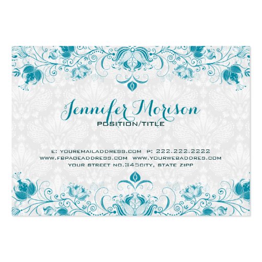 Pastel Blue Vintage Orante Floral Damasks Pattern Business Card Templates (back side)
