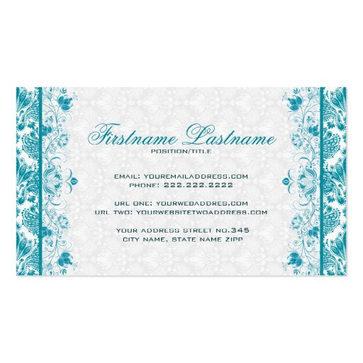 Pastel Blue Vintage Orante Floral Damasks Pattern Business Cards (back side)