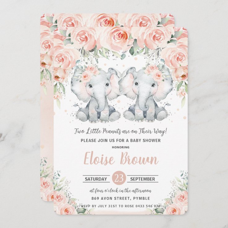 Pastel Blush Floral Elephant Twins Baby Shower Invitation Zazzle