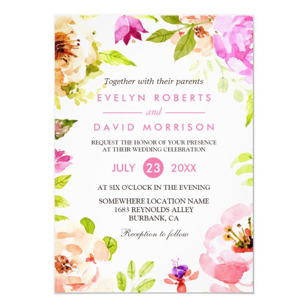 Pastel Botanical Watercolor Flowers Wedding Invite (front side)