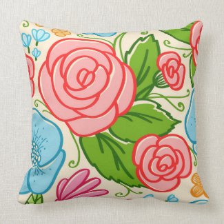 Pastel Flowers and Roses- Pink Blue And Beige 3 Throw Pillows