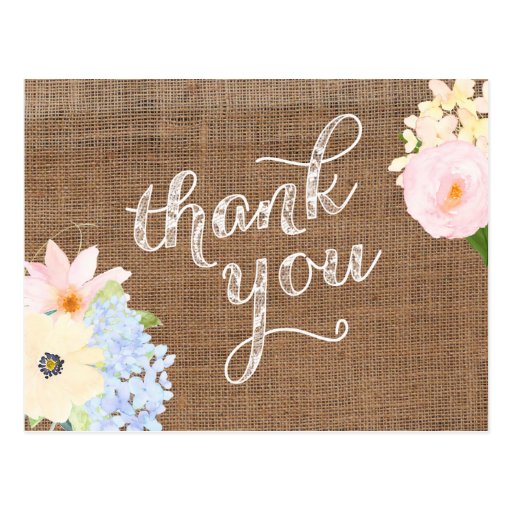 pastel flowers thank you card, burlap lace yellow postcard Zazzle