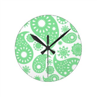 Pastel Green Paisley Pattern Design. Round Clock