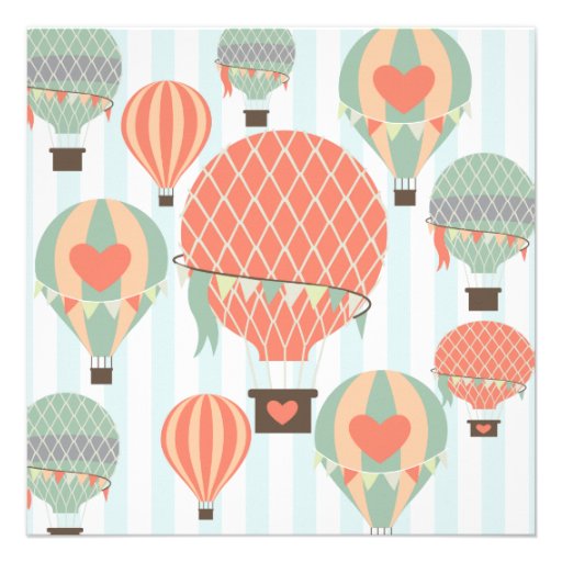 Pastel Hot Air Balloons Rising on Blue Striped Pat Personalized Announcements