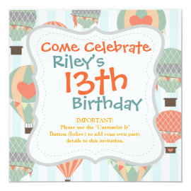 Pastel Hot Air Balloons Rising on Blue Striped Pat Personalized Announcements