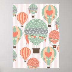 Pastel Hot Air Balloons Rising Pink Striped Sky Posters