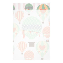 Pastel Hot Air Balloons Rising Pink Striped Sky Stationery Design