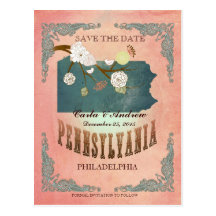 Pastel Orange Save The Date -Map With Lovely Birds Postcards