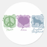 Pastel Peace, Love, and English Shepherds Round Stickers