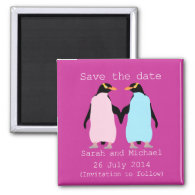 Pastel penguins holding hands save the date magnets