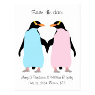 Pastel penguins holding hands save the date postcard