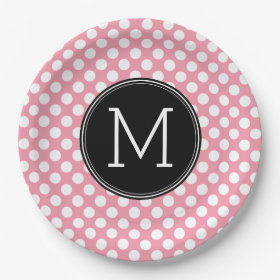 Pastel Pink and Black Polka Dots Custom Monogram 9 Inch Paper Plate