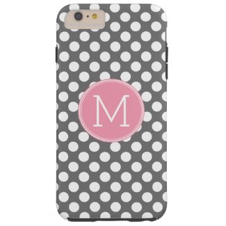 Pastel Pink & Gray Polka Dots with Custom Monogram Tough iPhone 6 Plus Case
