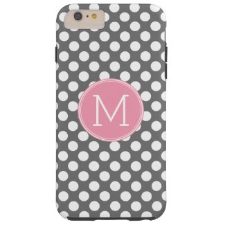 Pastel Pink & Gray Polka Dots with Custom Monogram Tough iPhone 6 Plus Case