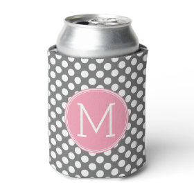 Pastel Pink & Gray Polka Dots with Custom Monogram Can Cooler