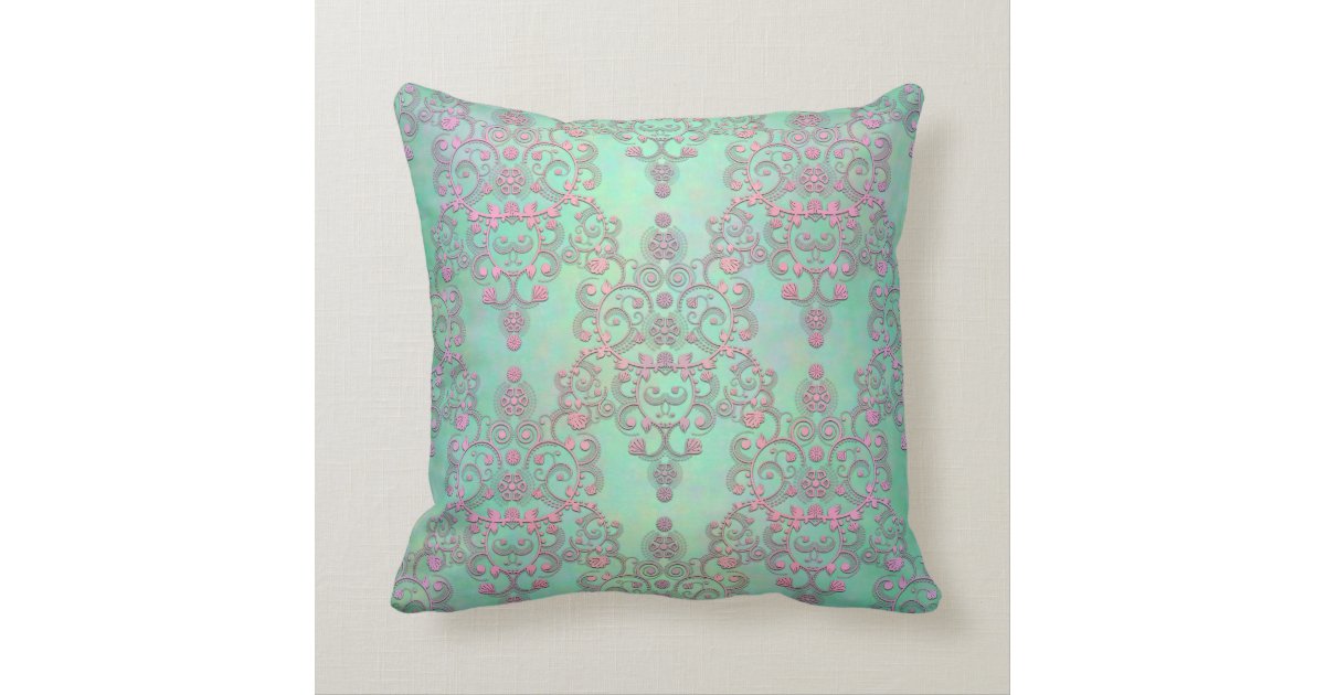 Pastel Pink over Mint Green Floral Damask Throw Pillow Zazzle