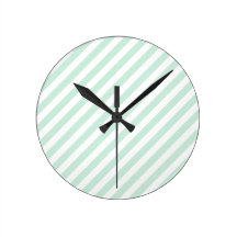 Pastel Sea Green and White Stripes. Round Clock