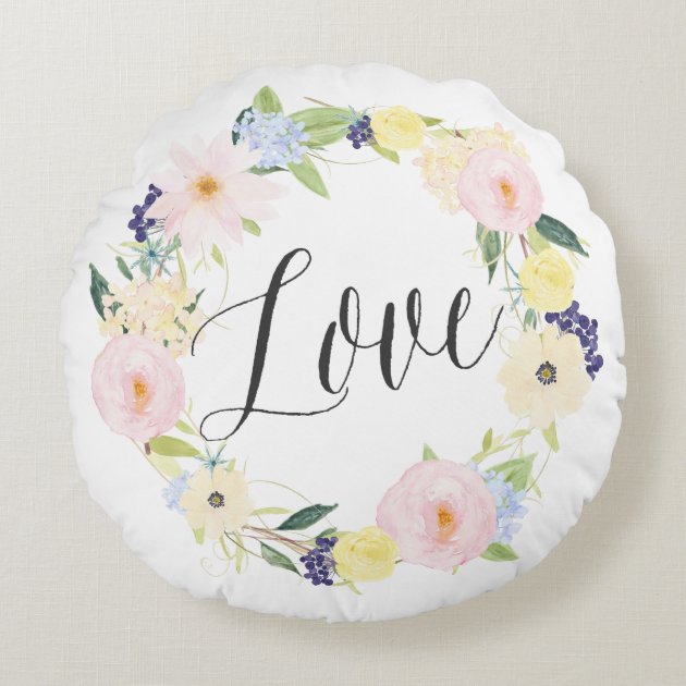 Pastel Spring Floral Wreath | Love Round Pillow